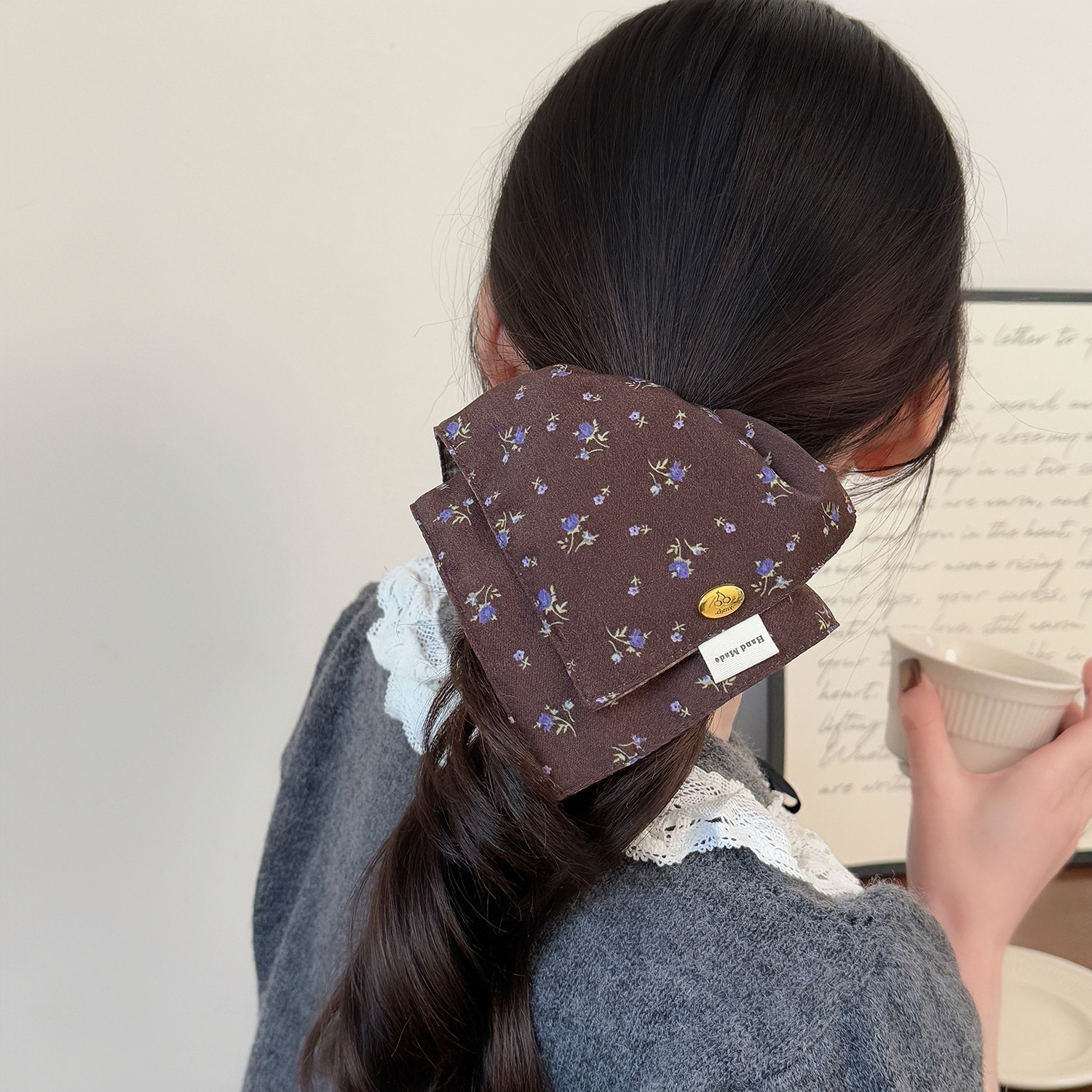 Women's Vintage Autumn Winter Cloth Hair Tie Coffee Ditsy Floral