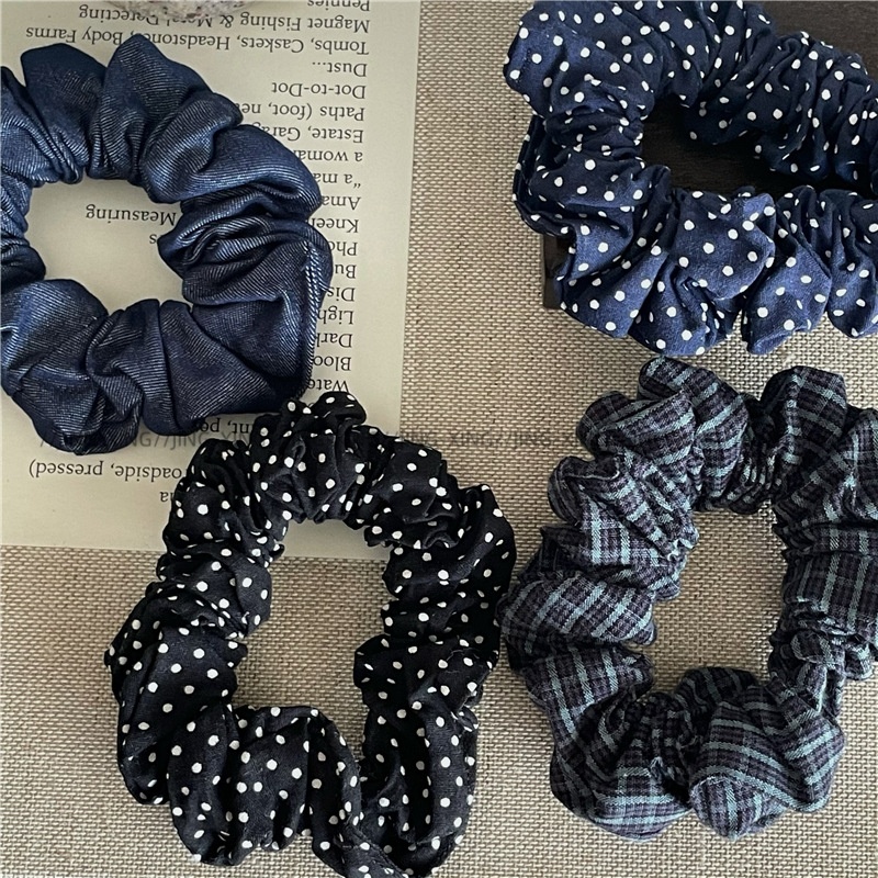 Women's Casual Fabric Tail Hair Ties Denim Blue Polka Dot Plaid