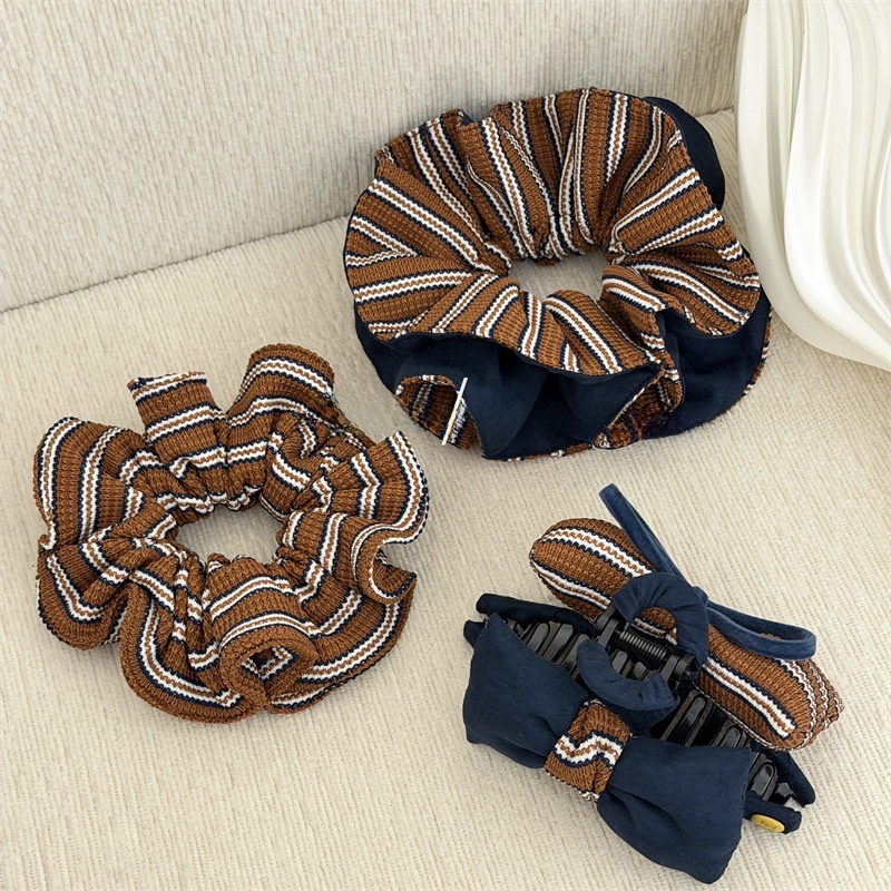 Women's Fall Winter Double Sided Knit Bun Hair Tie Striped Bow Knot