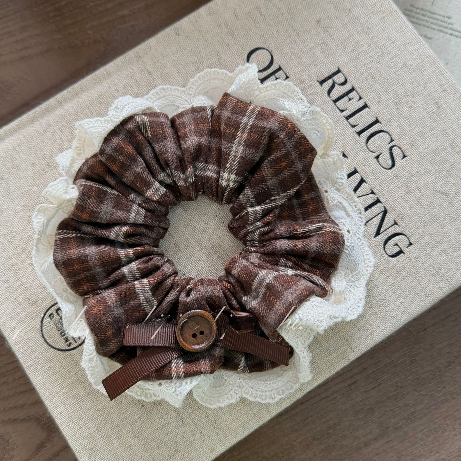 Women's French Style Autumn Winter Cloth Hair Tie Coffee Plaid