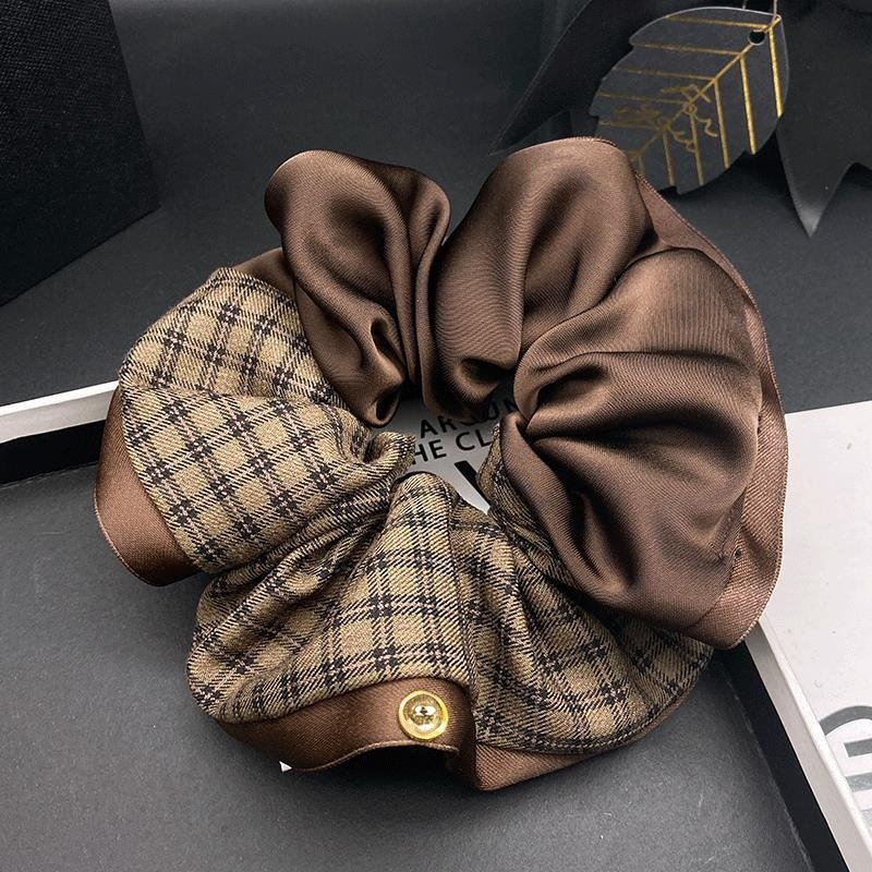 Women's Elegant Plaid Satin Hair Tie, Grey & Black Patchwork Winter Accessory