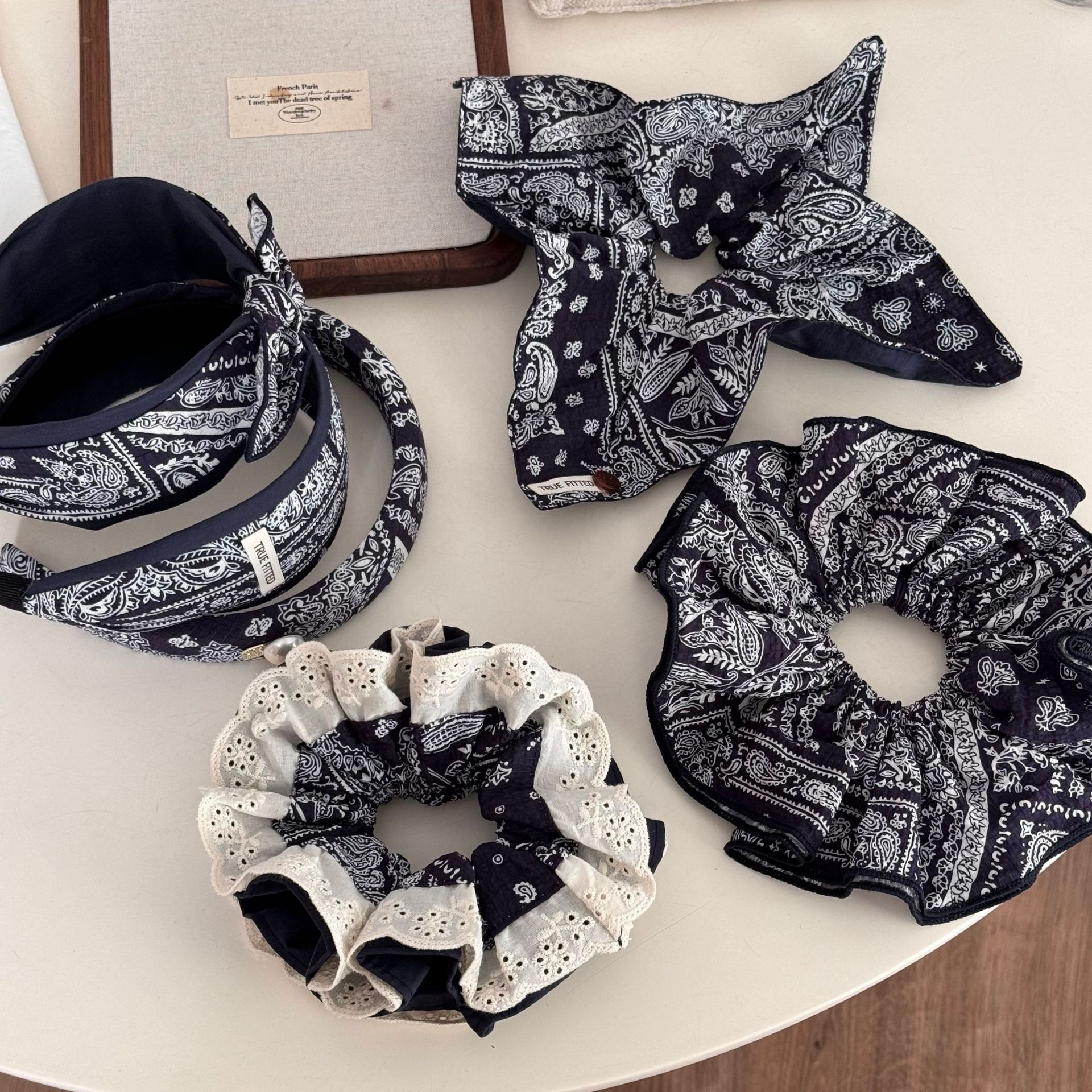 Women's Vintage Summer Bubble Braid Hair Rope Navy Blue Cashew Lace