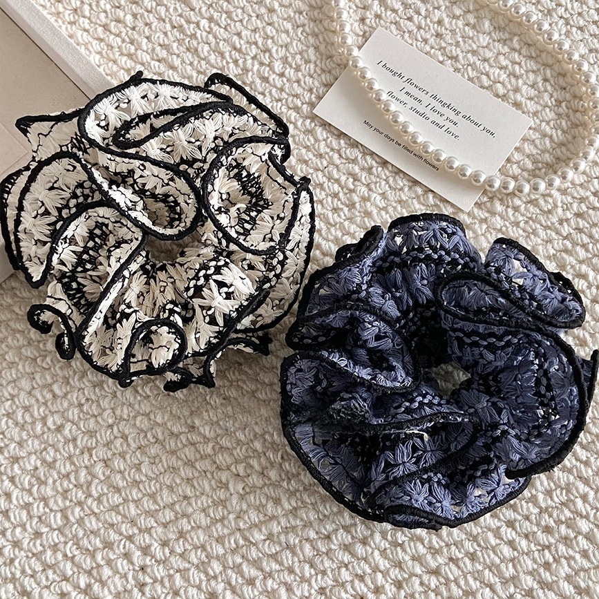 Women's Vintage Knit Flower Hair Tie, Beige & Blue Spring Summer Floral