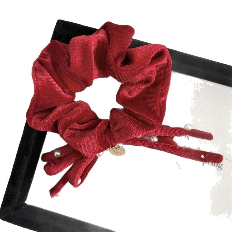 Women Pearl Velvet Autumn Winter Hair Scrunchie Red Black Bowknot