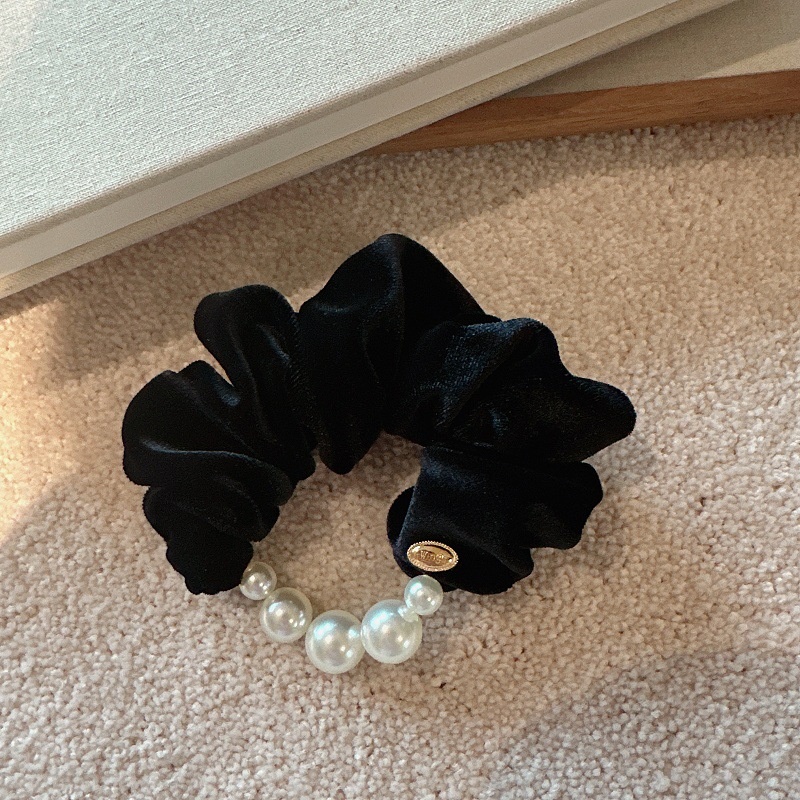 Women Elegant Velvet Pearl Hair Tie Coffee Lake Blue Black Wine Red