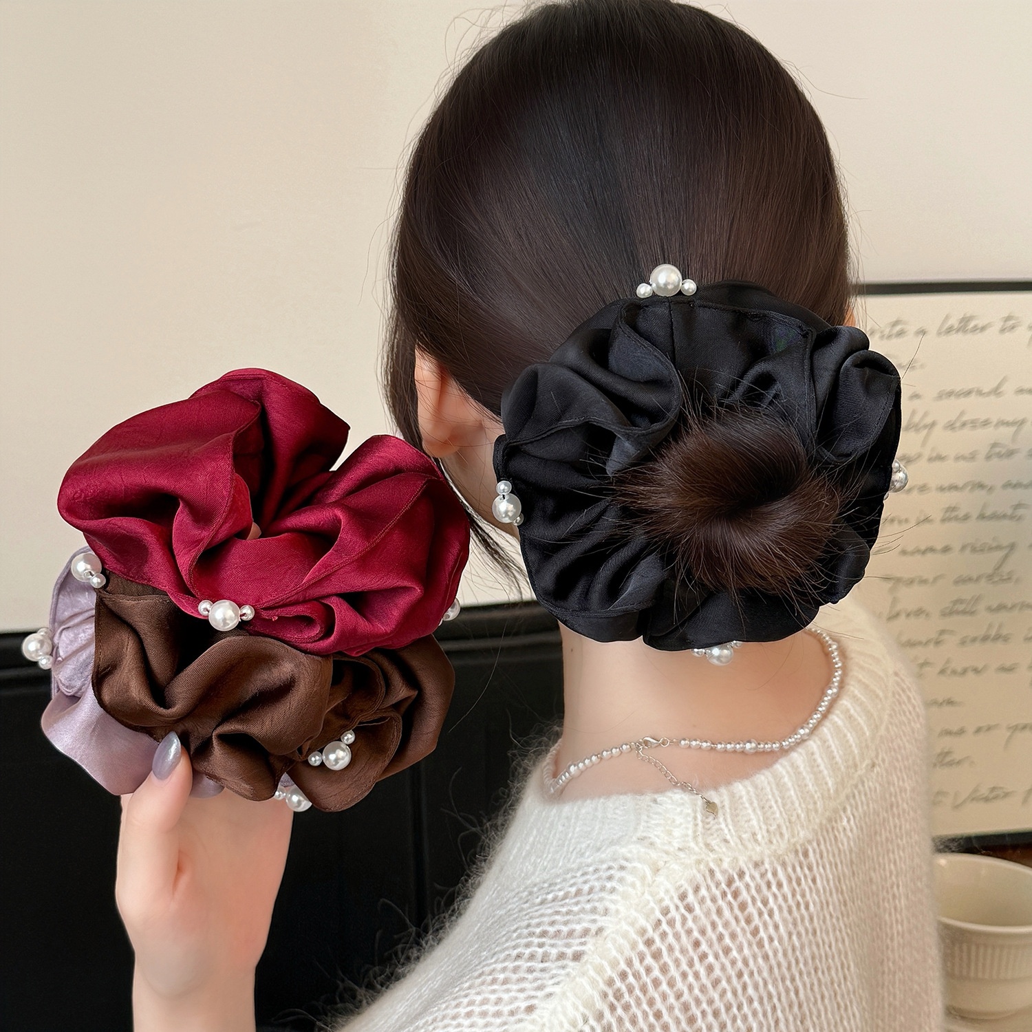 Women's Elegant Satin Pearl Pleated Flower Hair Tie Elastic Bun Band