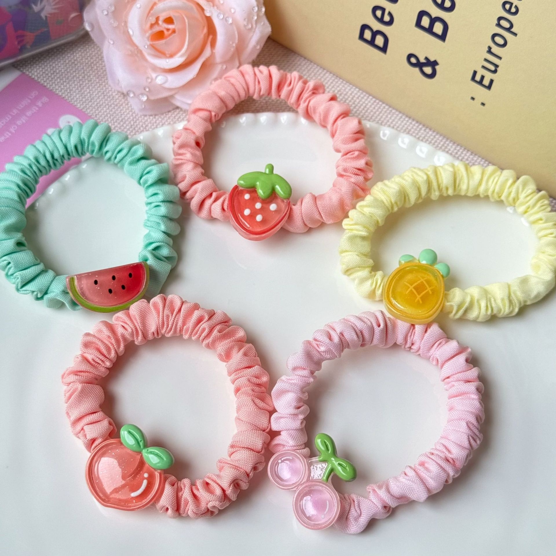 Girls High Elastic Resin Scrunchie Hair Tie Transparent Rose Red Fruit
