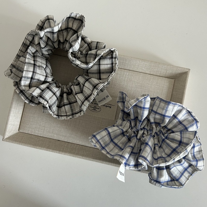 Women's Everyday Cloth Scrunchies Hair Ties Blue Black Checkered Plaid