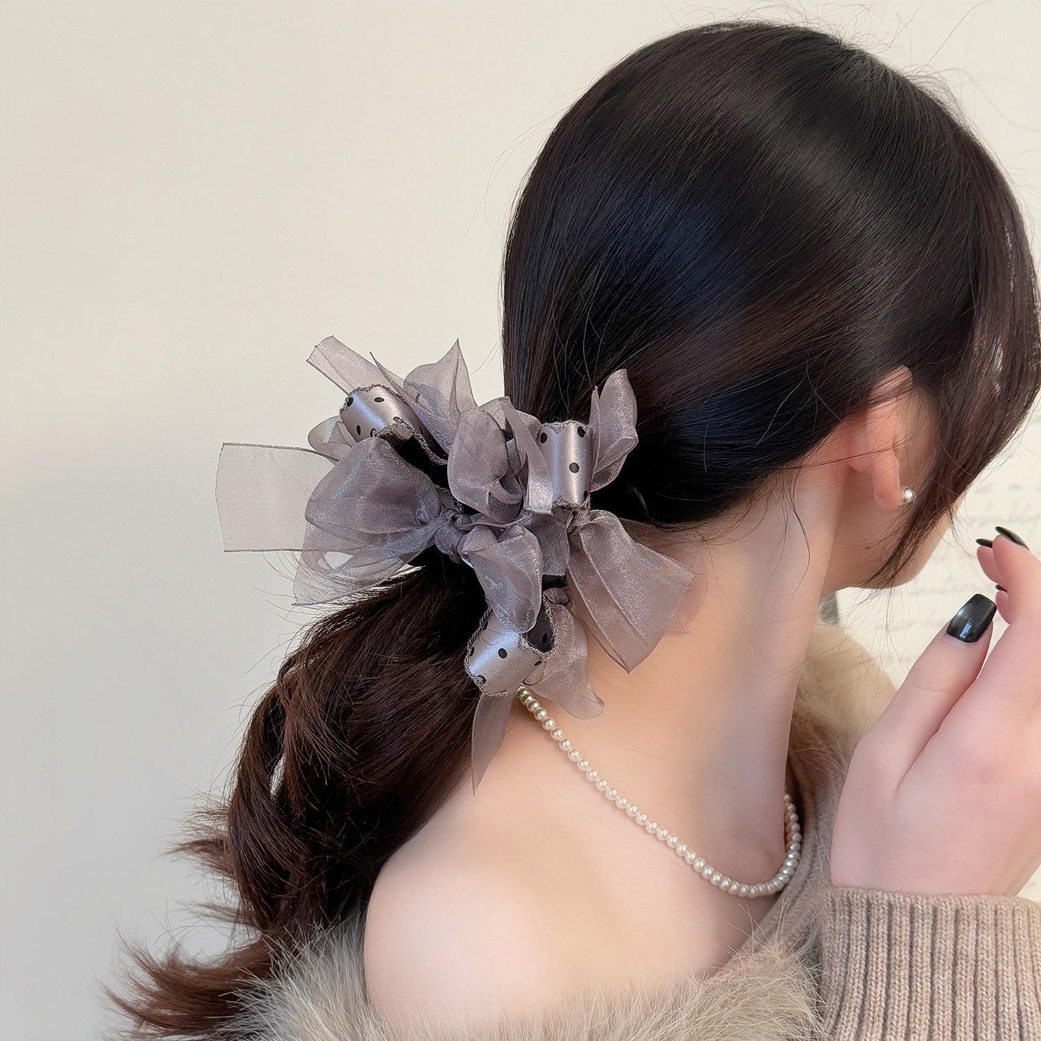 Women's Valentine Cloth Ribbon Bow Lazy Hair Tie Polka Dot Black Purple