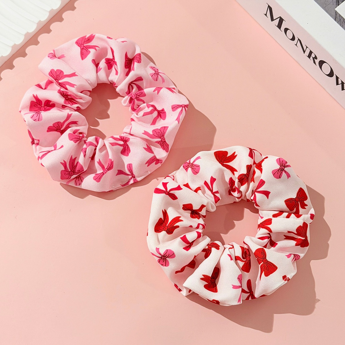 Women's Large Elastic Fabric Hairband White Pink Ribbon Bow Knot Print