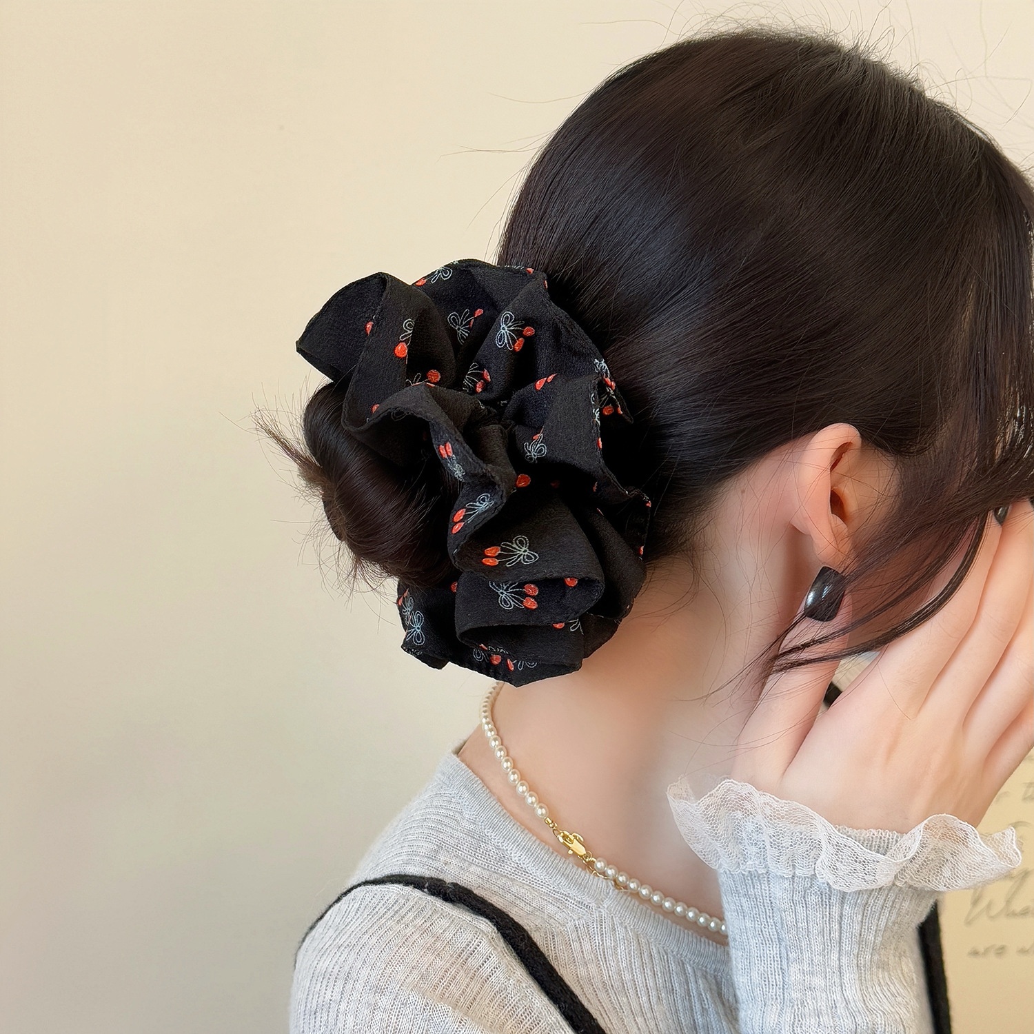 Women's Cherry Print Double Layer Elastic Hairband No Damage Cloth Tie