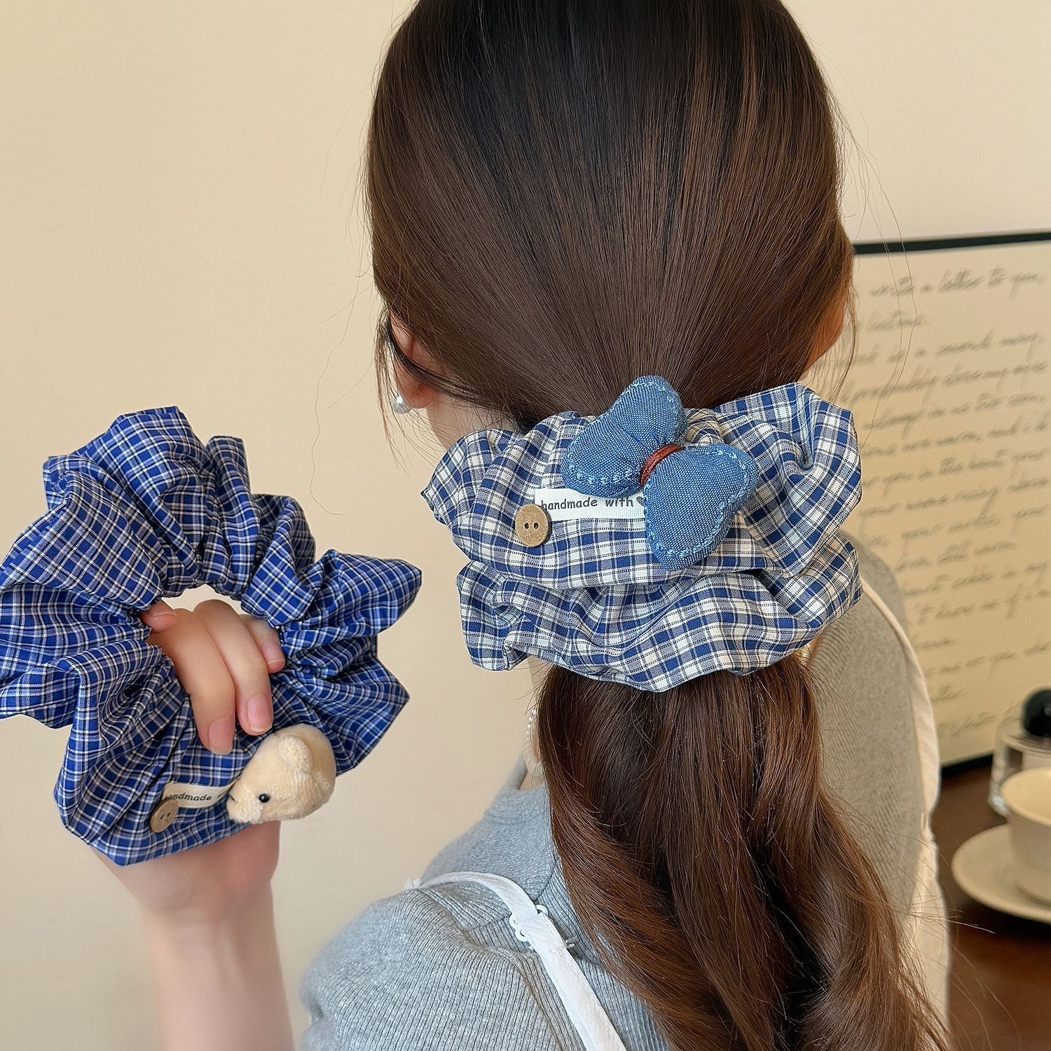 Women's Stylish Cloth Bowknot Scrunchie Blue Plaid Bear Pattern