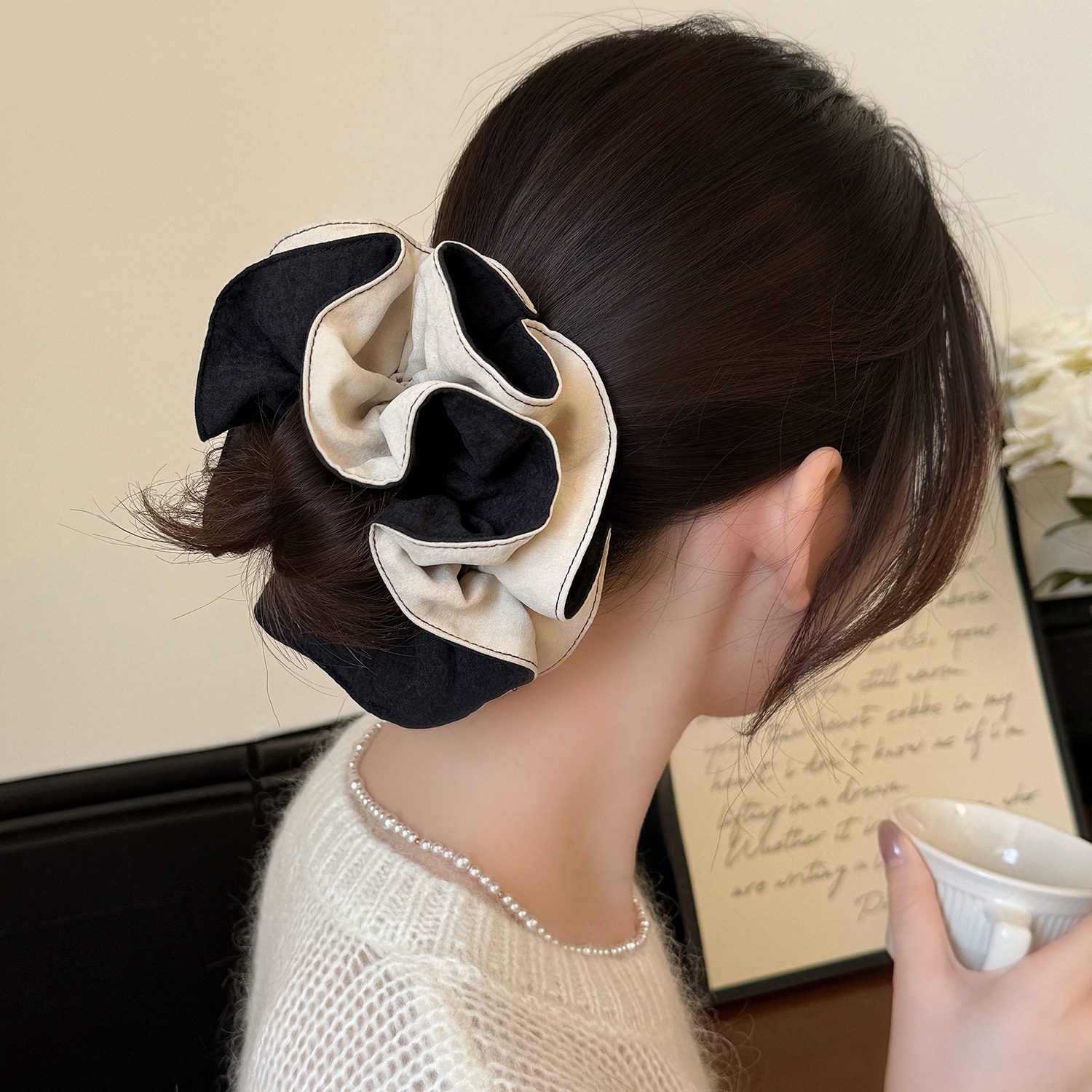 Women Girls Winter Velvet Double Layer Hair Scrunchies Color Block