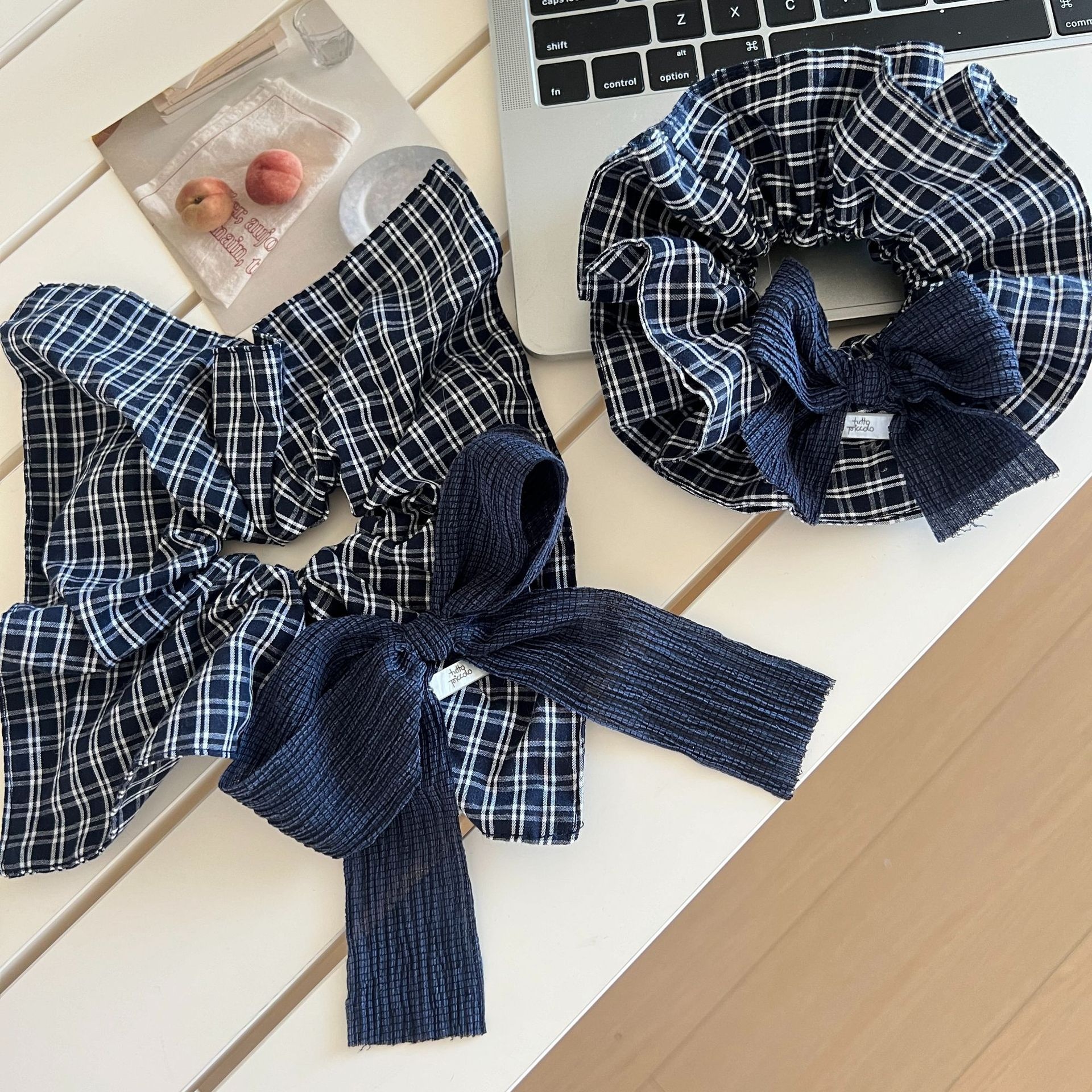 Women's Elegant Bowknot Scarf Scrunchie Hair Tie Retro Blue Denim Plaid