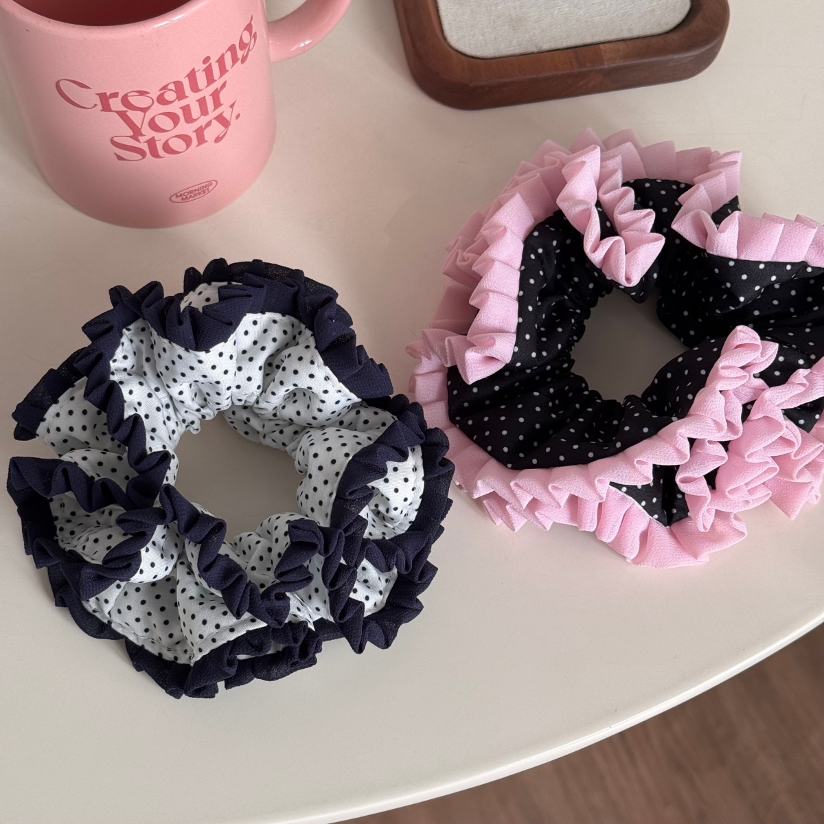 Women's Everyday Soft Cloth Scrunchie Hair Tie Pink Polka Dots Lace