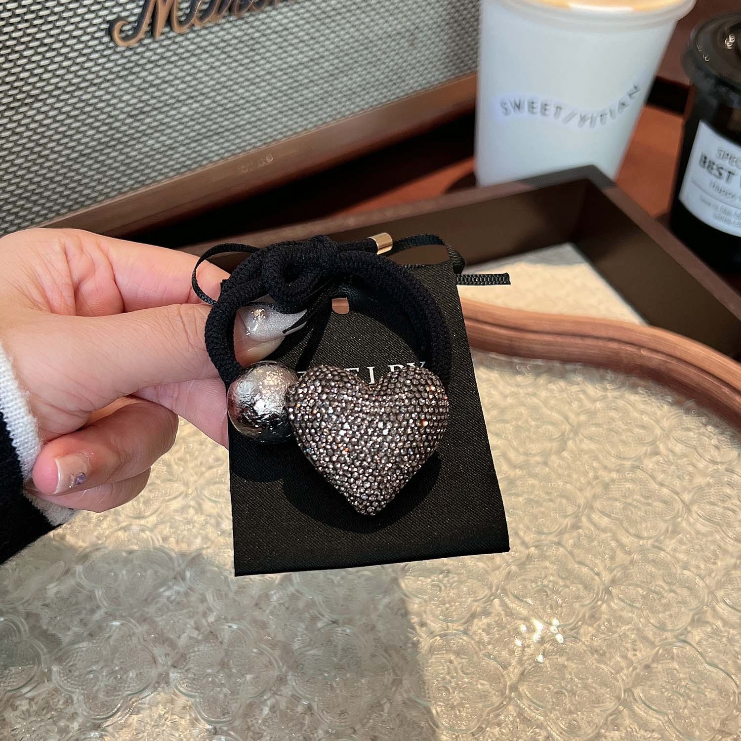 Women's Shiny Rhinestone Hair Tie Elegant Ponytail Holder Wine Red Heart