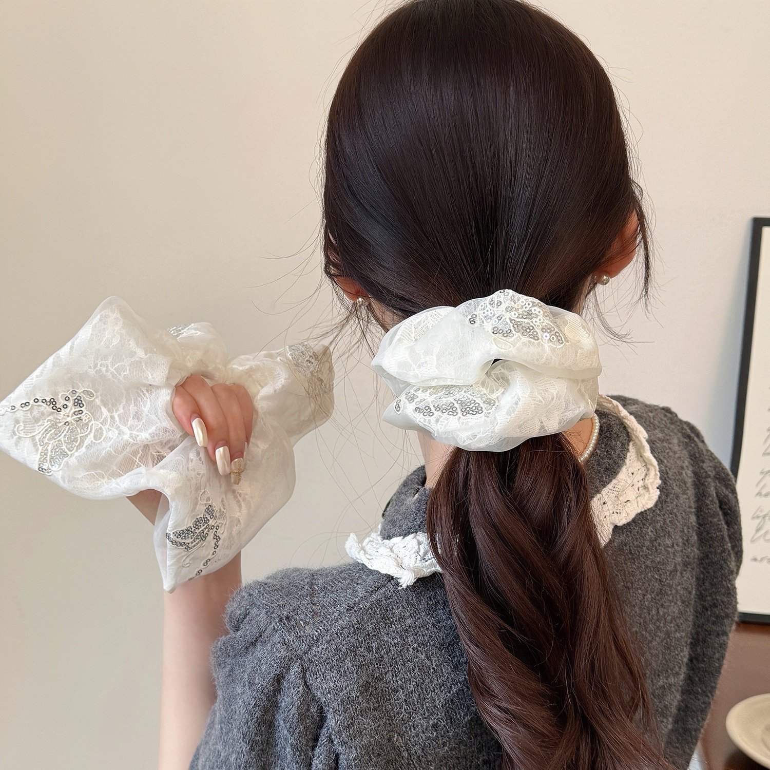 Women's Spring French Style Hair Tie Daily Accessory Beige Lace