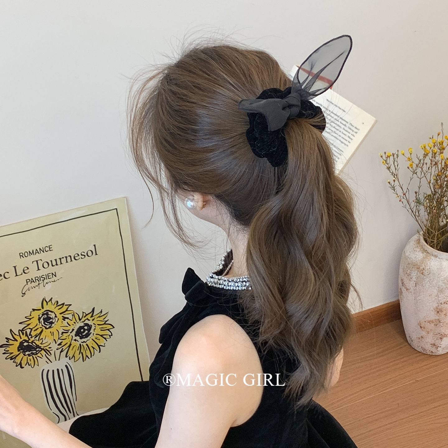 Women's Velvet Rabbit Ear Ponytail Holder Hairband Black Bowknot