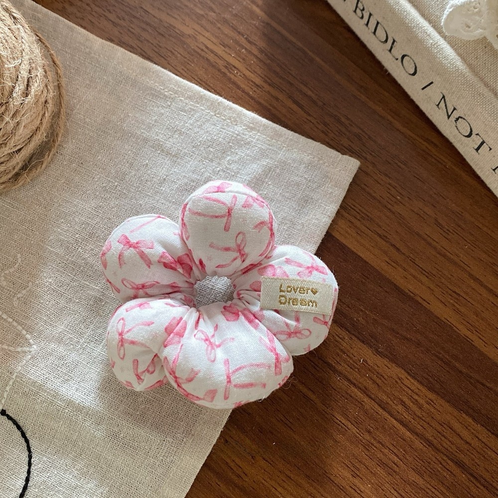 Women Sweet Cloth Bubble Braid Hair Rope Spring Floral Bow Knot Beige Pink