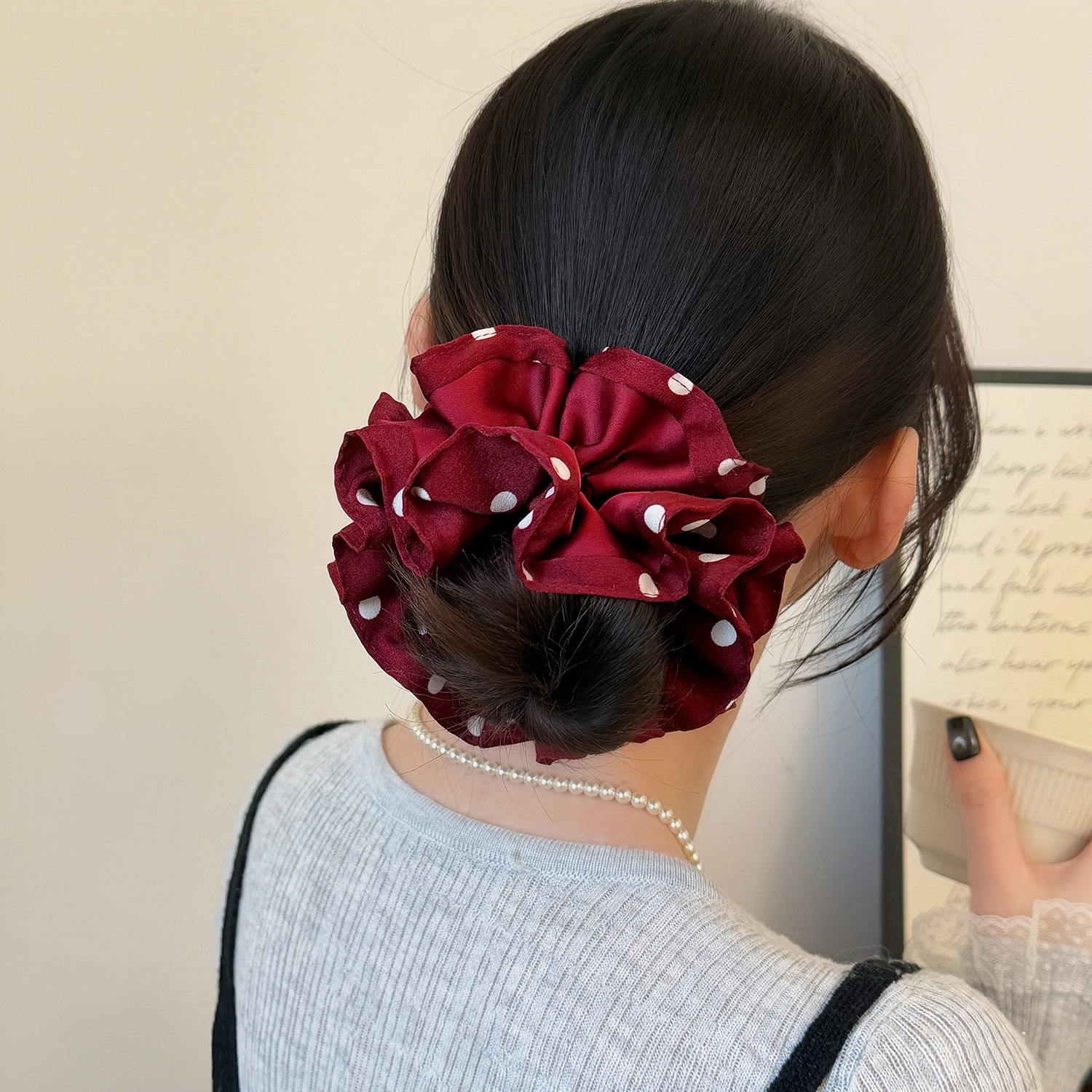 Women's French Red Polka Dot Double Layer Hair Band New Year Cloth Hair Tie