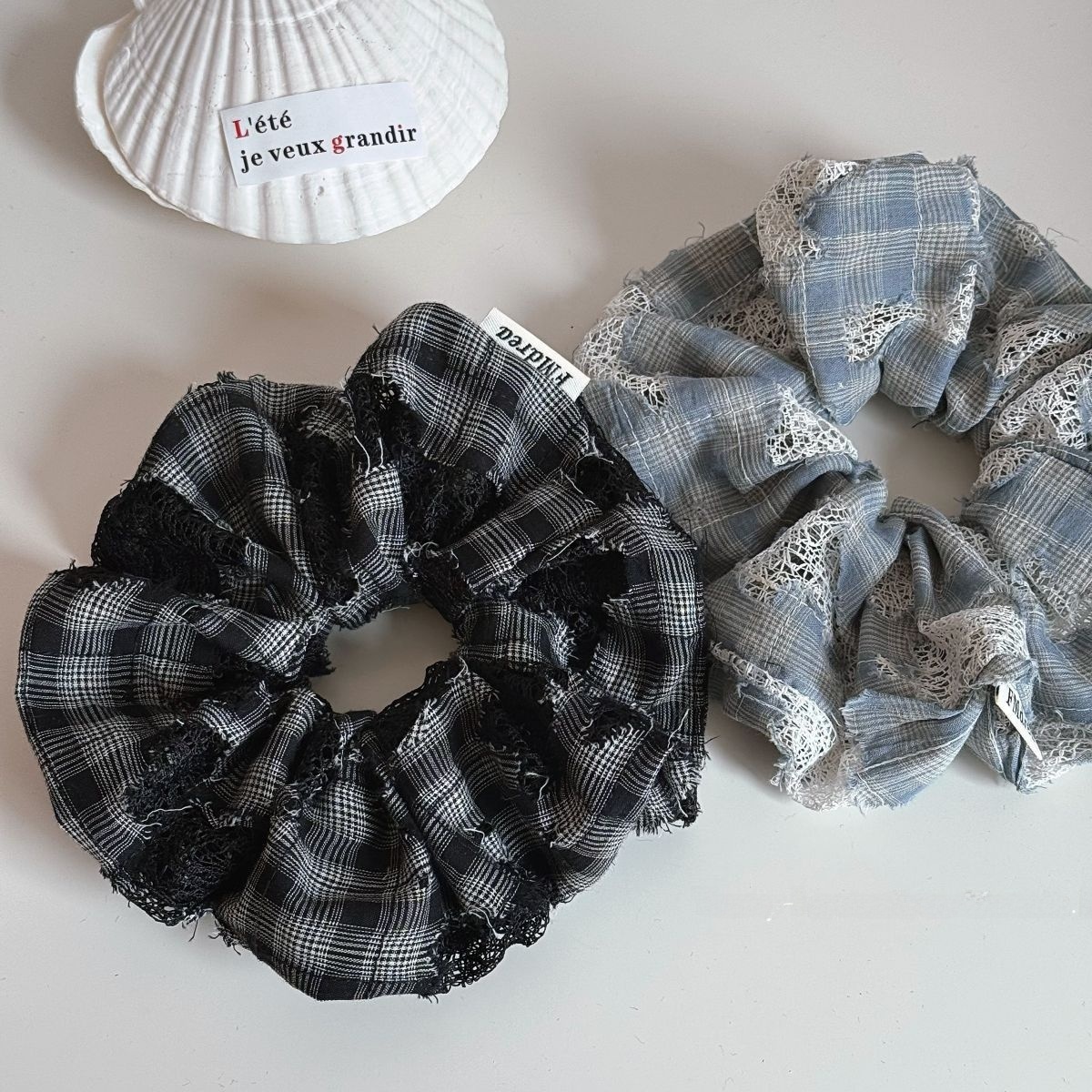 Women's Elegant Cloth Hair Styling Scrunchie Blue Checkered Lace