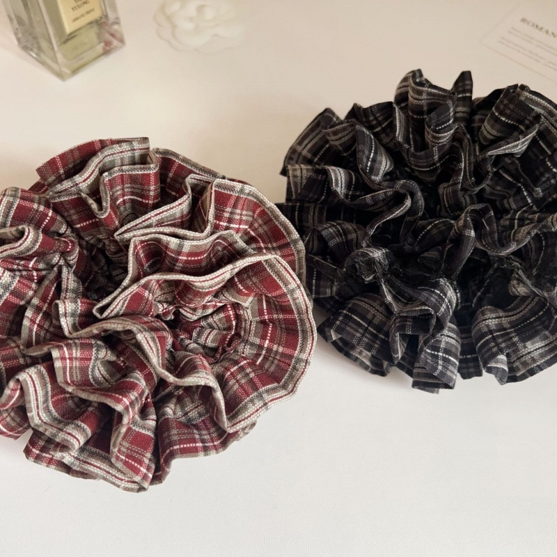 Women's Autumn Preppy Cloth Hair Tie Rubber Band Black Wine Red Plaid