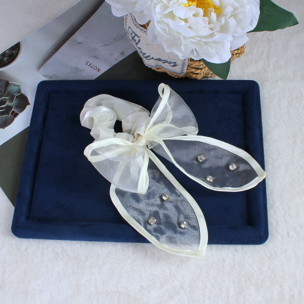 Women's Summer Fairy Gauze Rhinestone Ponytail Hair Tie Wine Red Bowknot