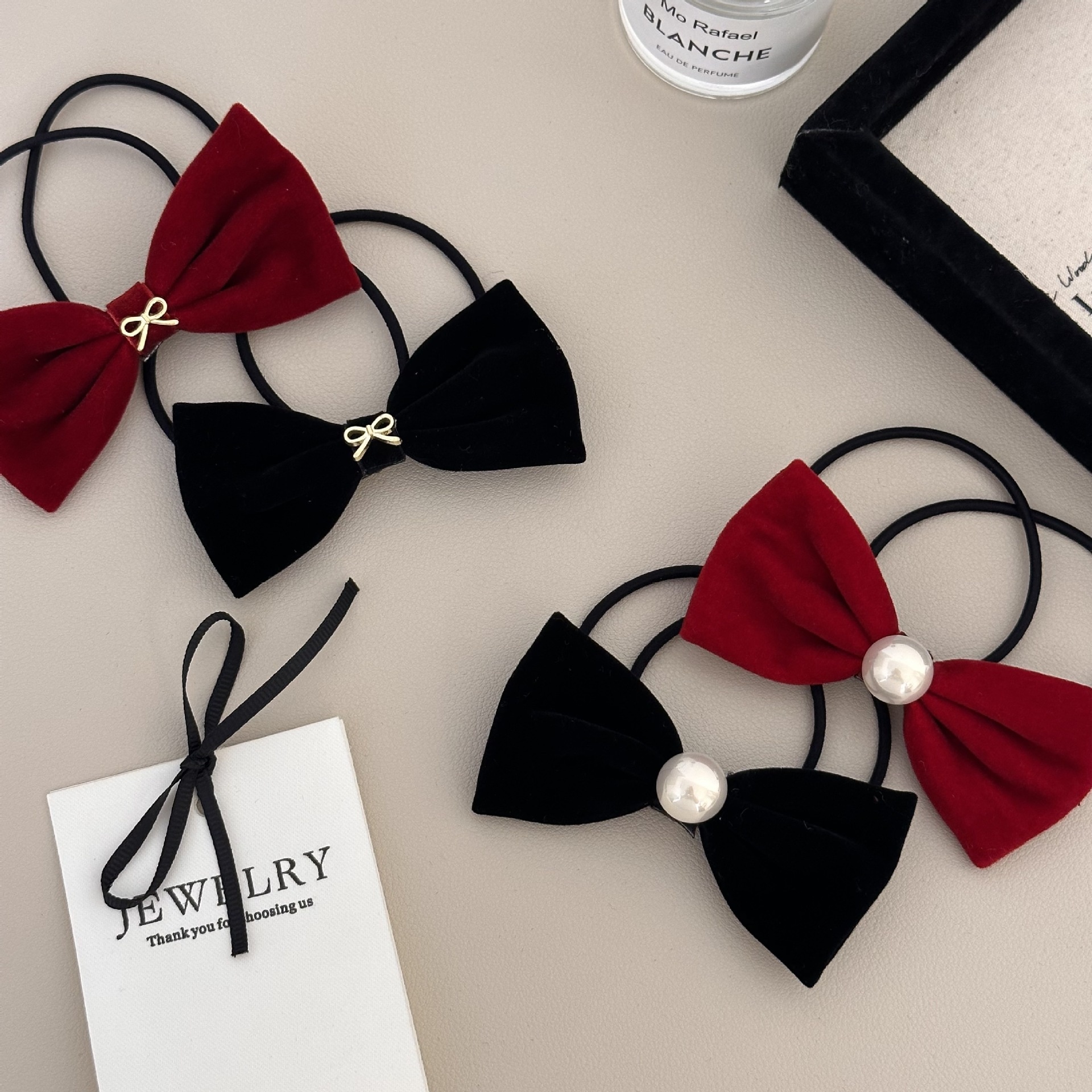 Women's Elegant Velvet Bowknot Hair Tie Pearl Ponytail Holder Black
