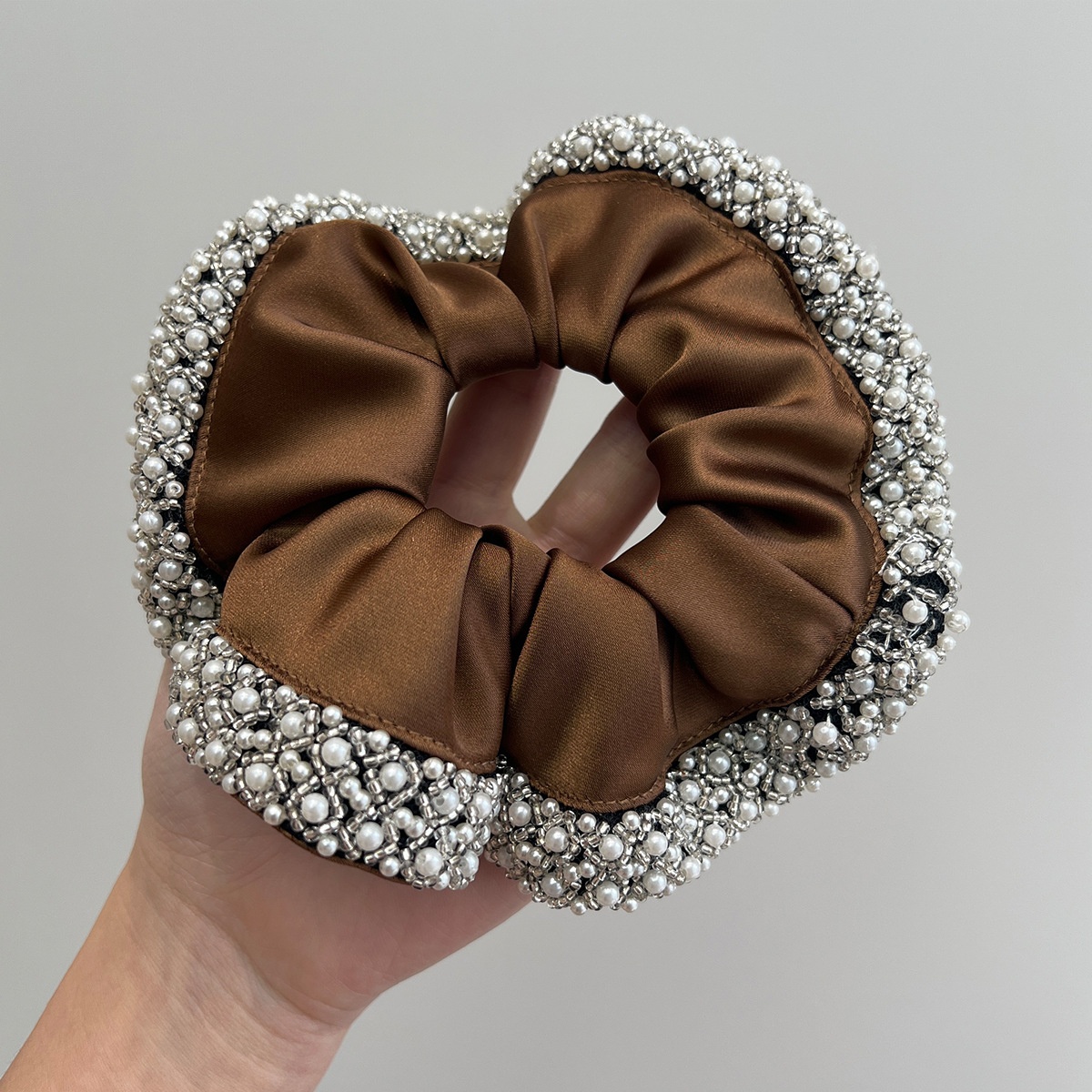 Women's Elegant Pearl Crystal Satin Hair Ties French Vintage Black Brown Scrunchie