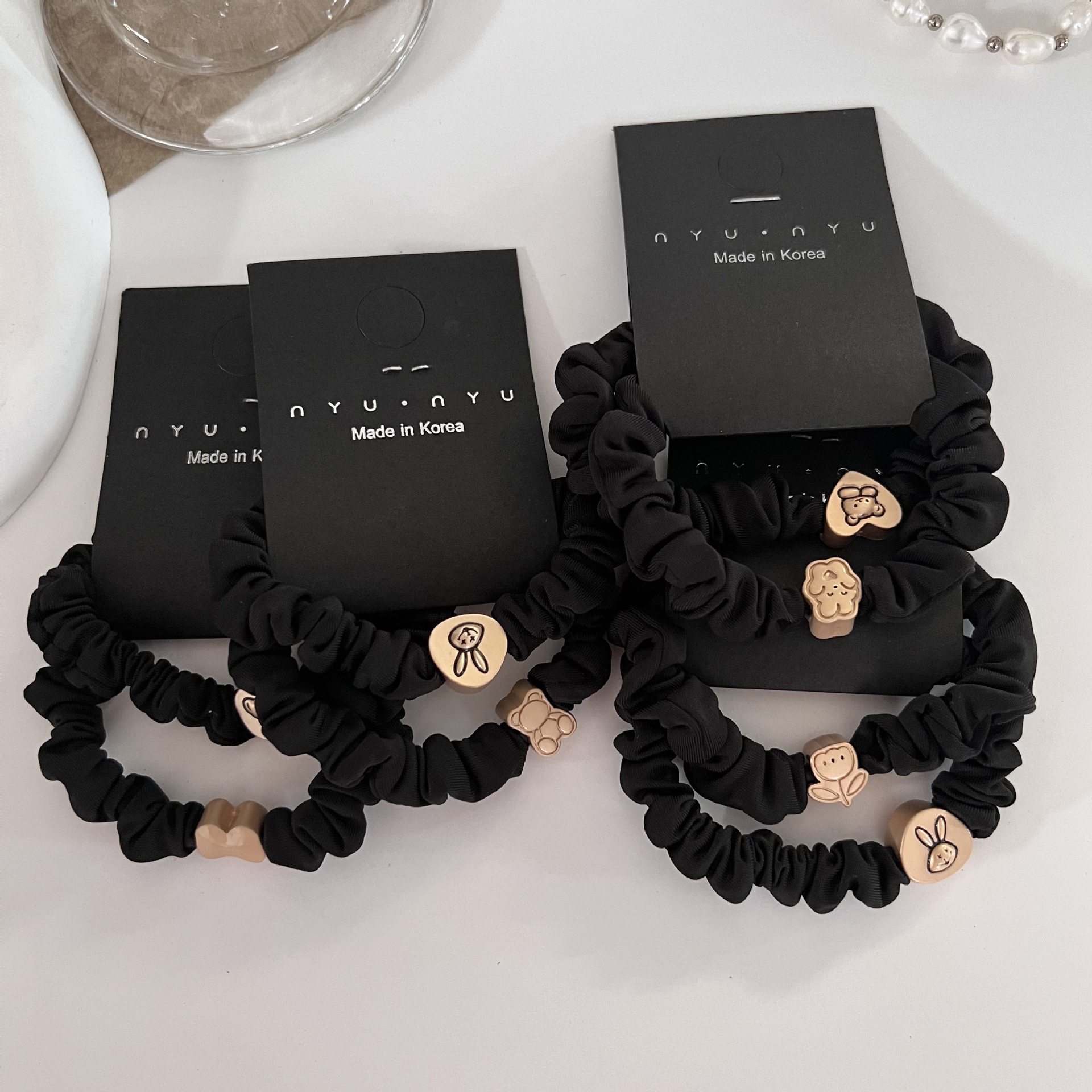 Women's Elastic Cloth Ponytail Hair Tie Set Black Bear Rabbit Bow Pattern