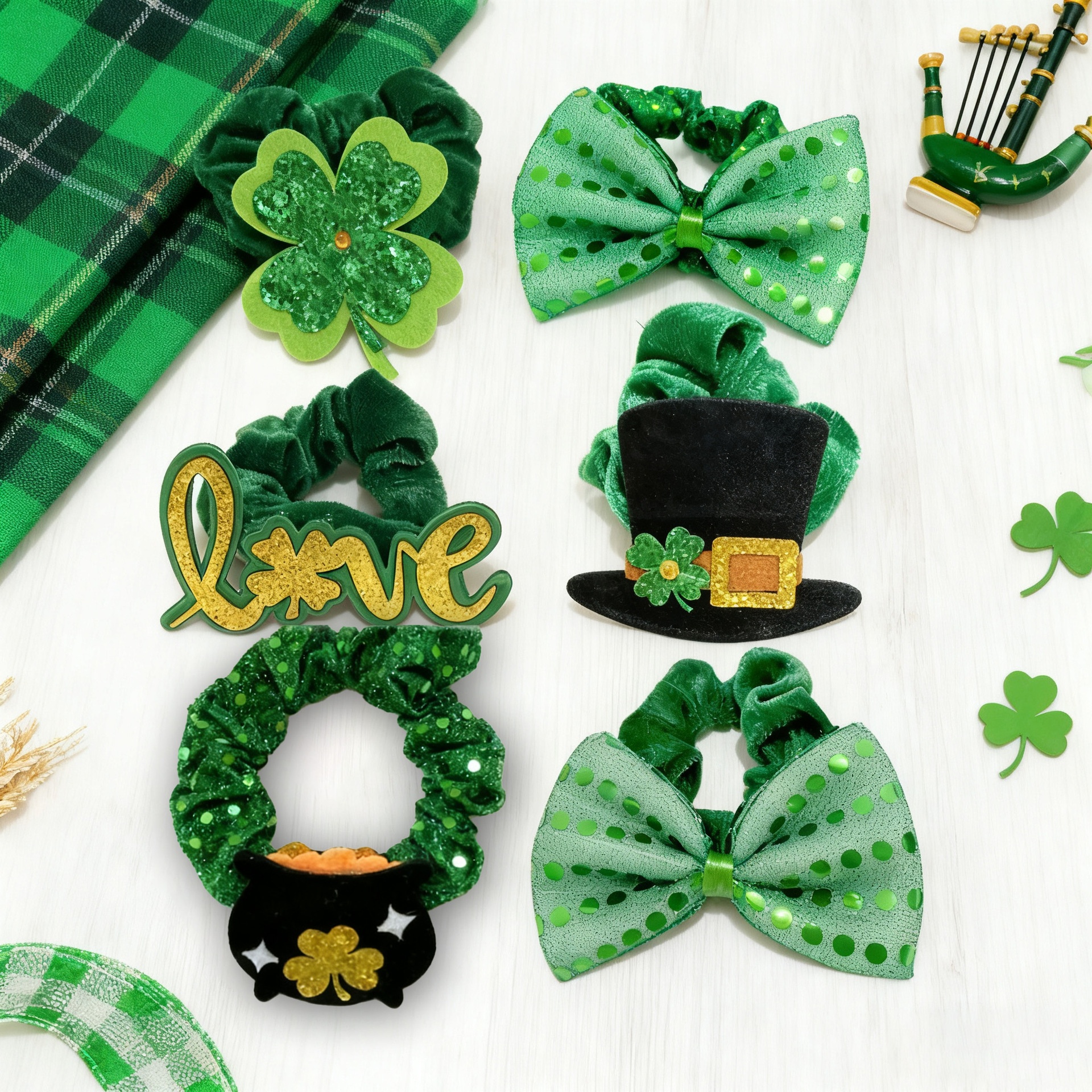 Women's St. Patrick's Day Velvet Hair Tie Green Clover Sequin Bow Knot