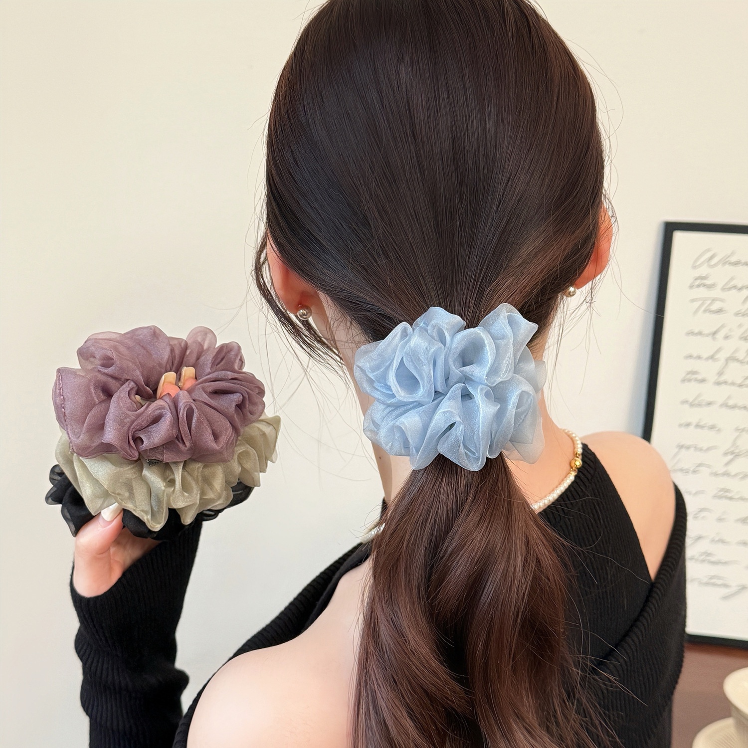 Women's Sweet Soft Gauze Spring Summer Hair Tie Rubber Band Black