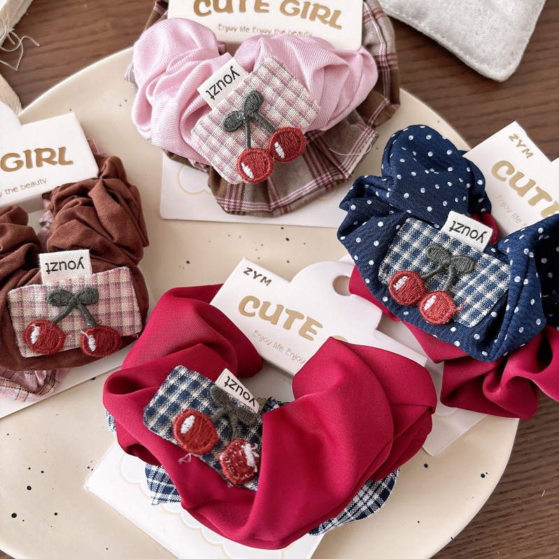 Girls Versatile Retro Fabric Elastic Hair Ties Set Plaid & Solid Color