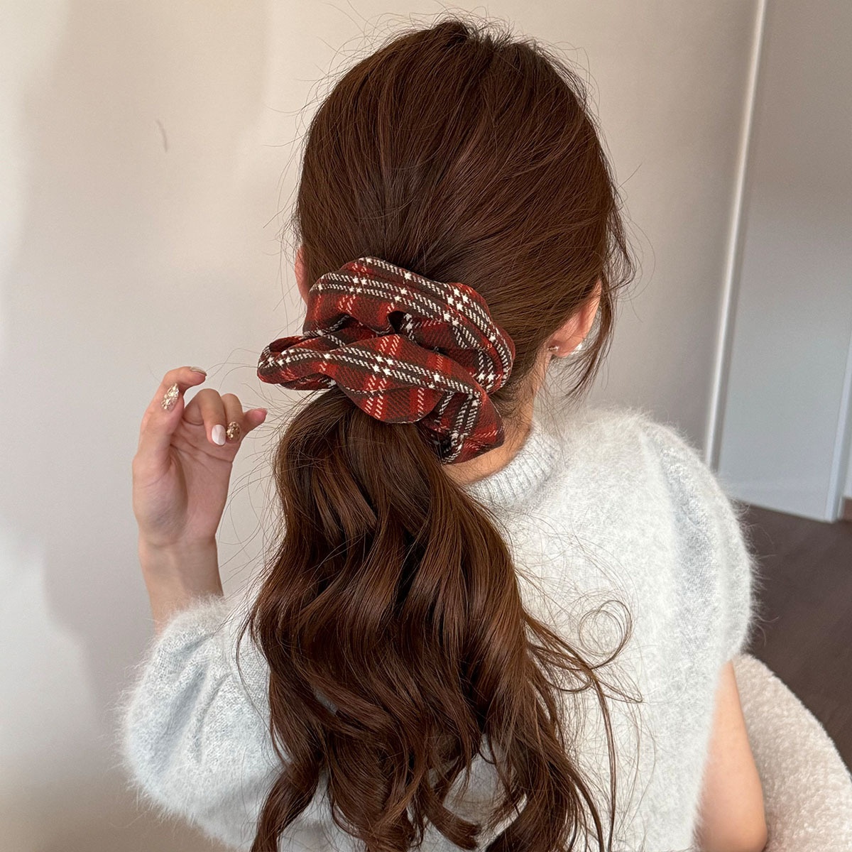 Women Girls Large Elastic Hair Scrunchie Forest Style Red Plaid Tie