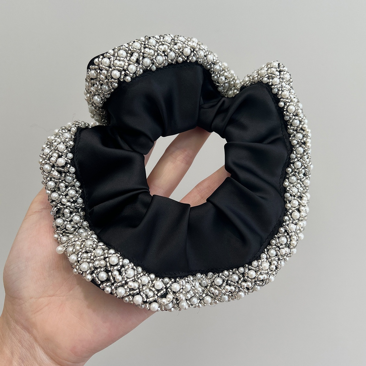 Women's Elegant Pearl Crystal Satin Hair Ties French Vintage Black Brown Scrunchie