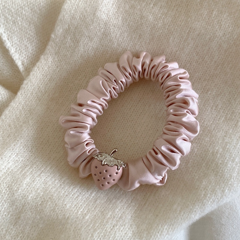 Women's Spring Summer Satin Pearl Hair Tie Sweet Pink Strawberry