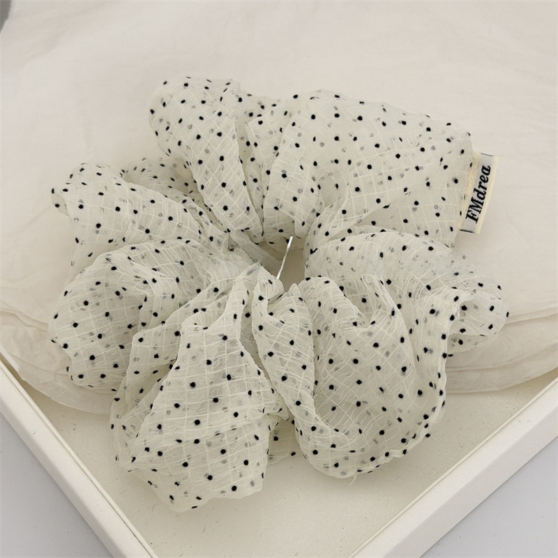 Women's Soft Tulle Ponytail Holder Hair Tie White and Blue Polka Dots