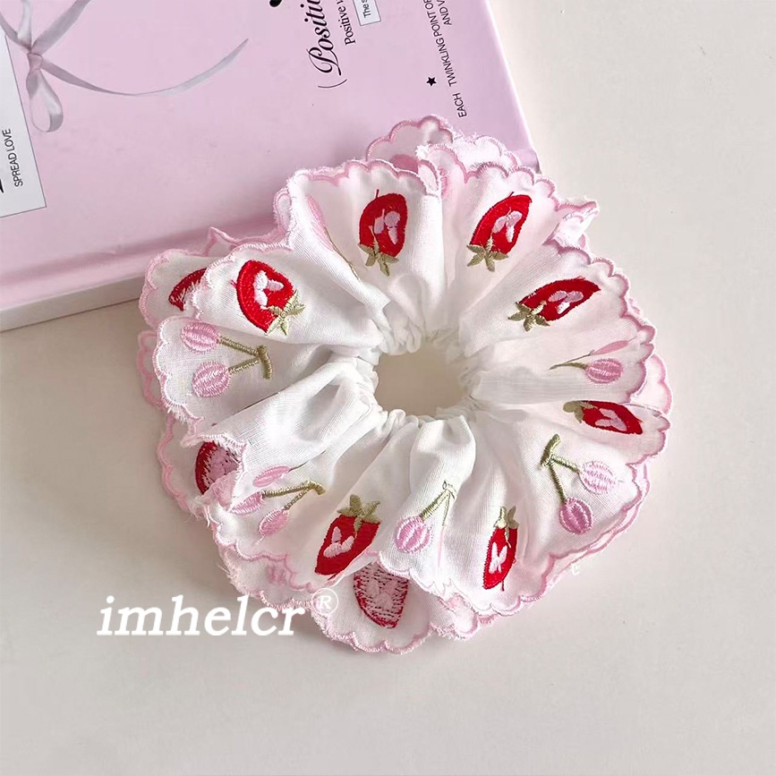 Women's Spring Cloth Telephone Cord Hair Tie Pink Embroidered Strawberry
