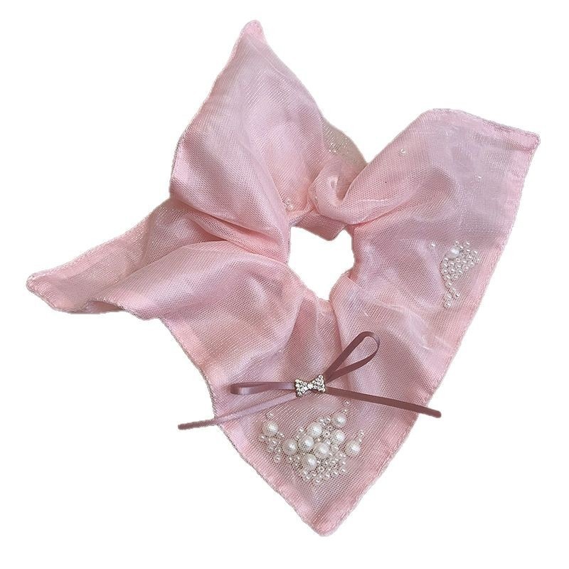 Women's Pearl Gauze Bowknot Hair Tie Low Ponytail Scrunchie Khaki Pink