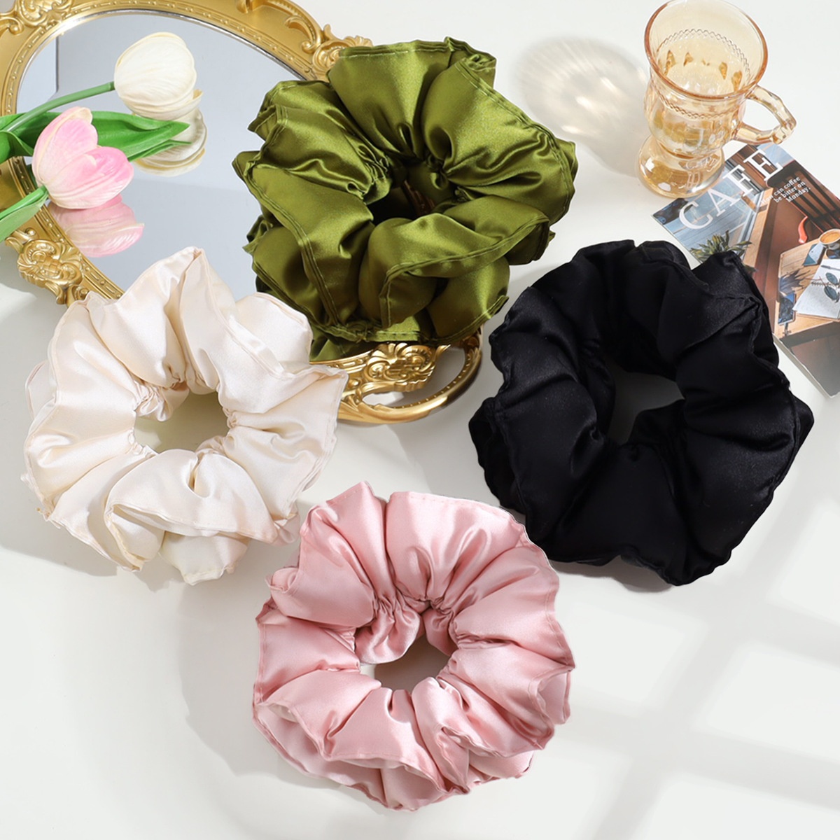 Women's Satin Flower Hair Tie French Style Large Elastic Band Solid Color