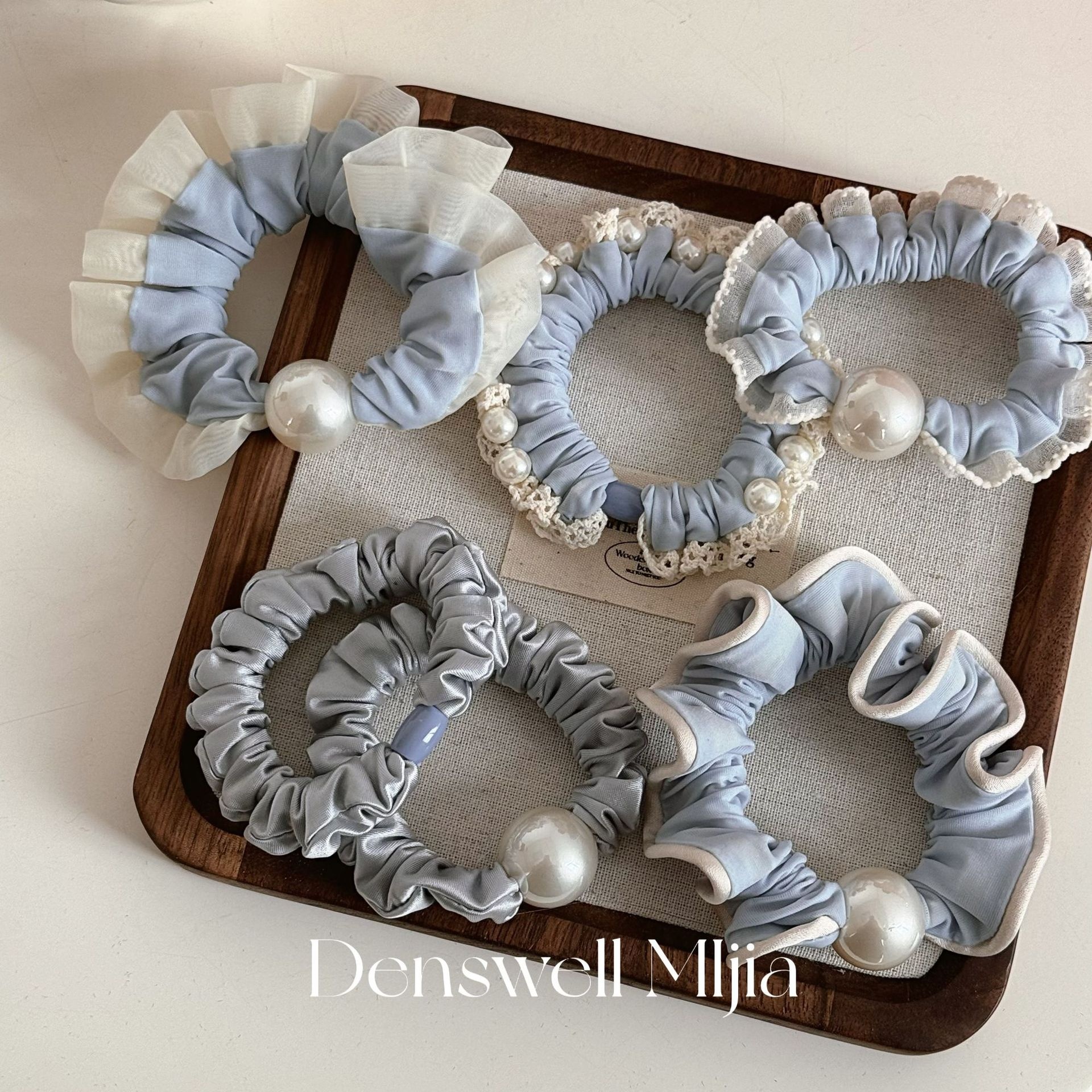 Women's Spring Satin Artificial Pearl Hair Tie Rubber Band Blue