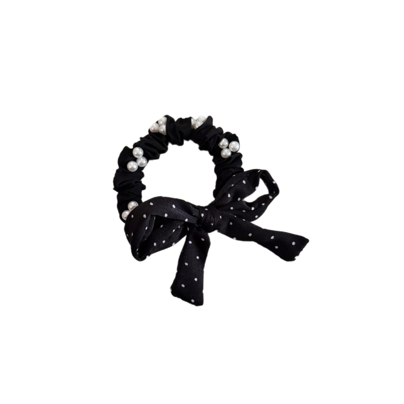 Women's Pearl Bowknot Cloth Elastic Hair Band Black And White Polka Dot