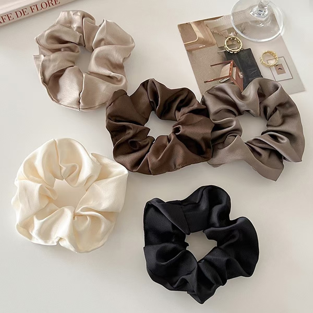 Women's 5pcs Handmade Satin Elastic Hair Scrunchies Autumn Maillard Brown