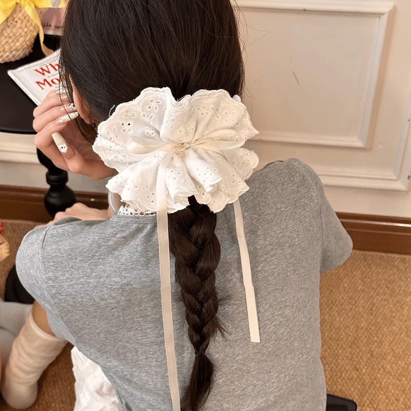 Women's Elegant Banquet Oversized Lace Elastic Hair Tie White Floral