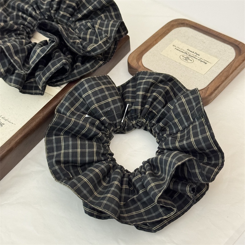 Women's Retro Cloth Hair Tie Black & Green Plaid Checkered Scrunchie