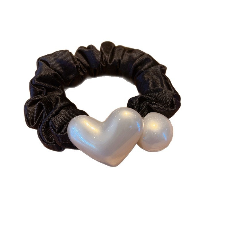Women's Spring Sweet Cloth Pearl Hair Tie Black & White Heart Pattern