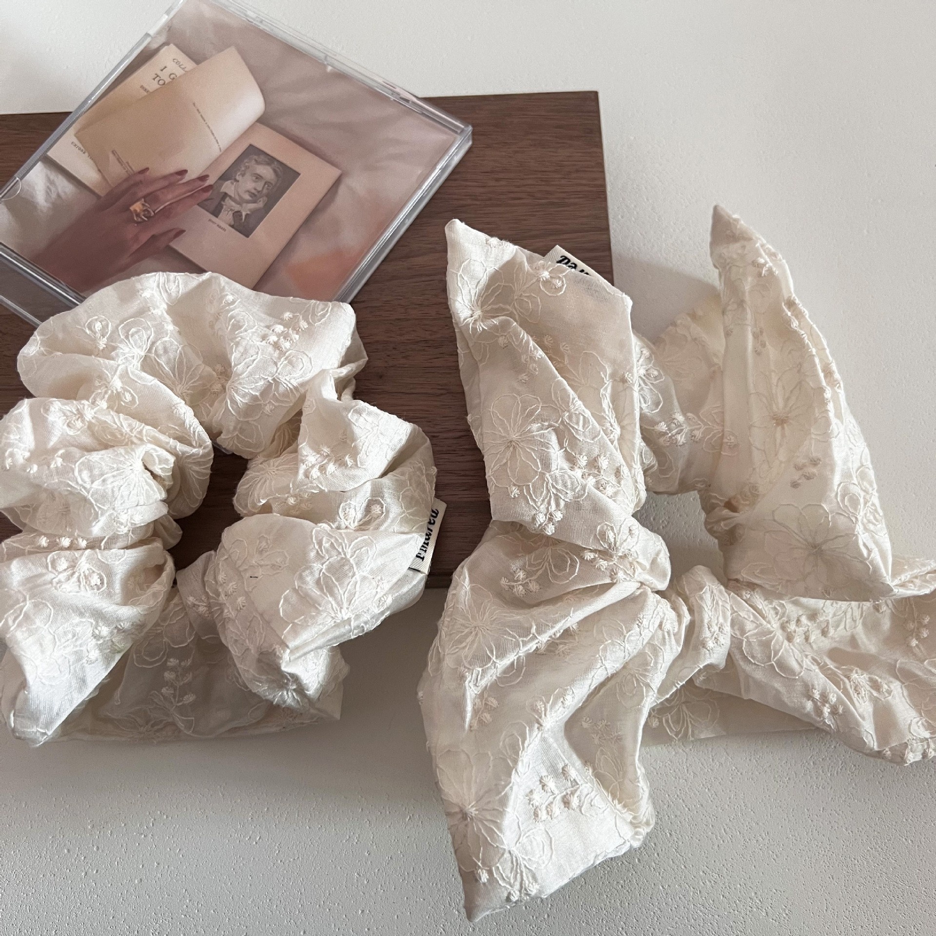 Women's Summer French Lace Scarf Hair Tie Beige Floral Embroidery