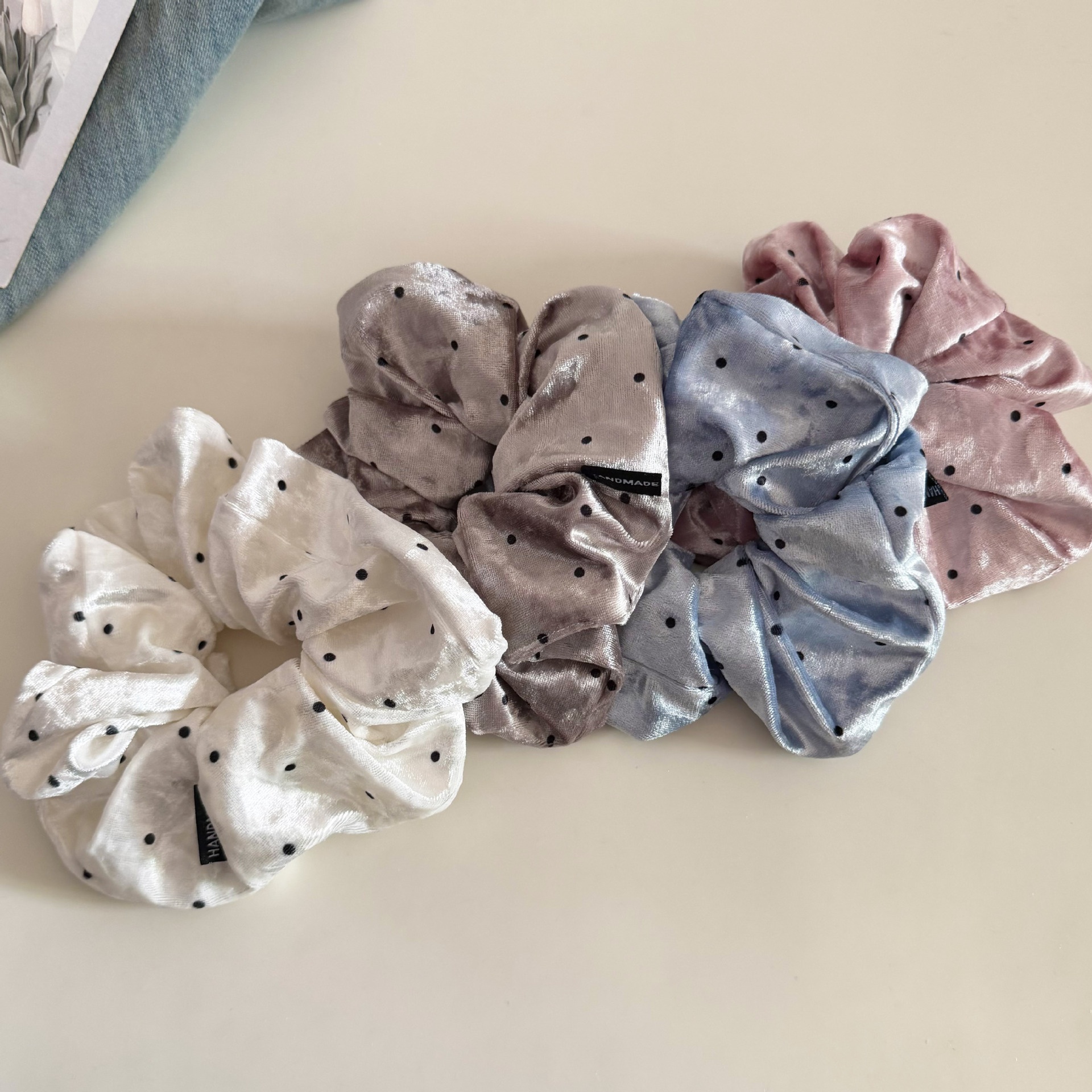 Women Velvet Polka Dot Ball Hair Tie Elastic Bun Rope Accessory