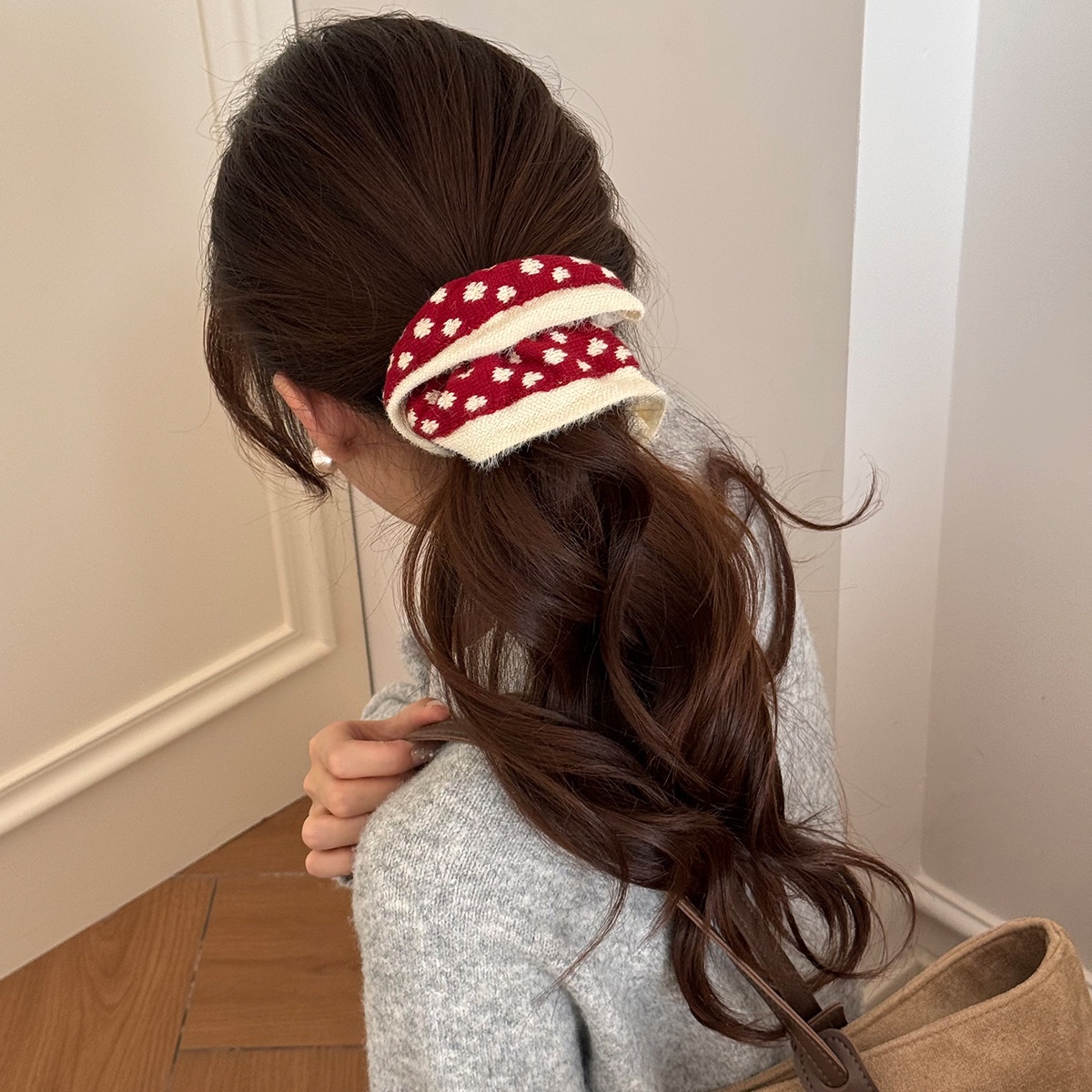 Girls' Retro Knitted Lace Large Bow Hair Ties Sweet Heart Winter Solid Colors