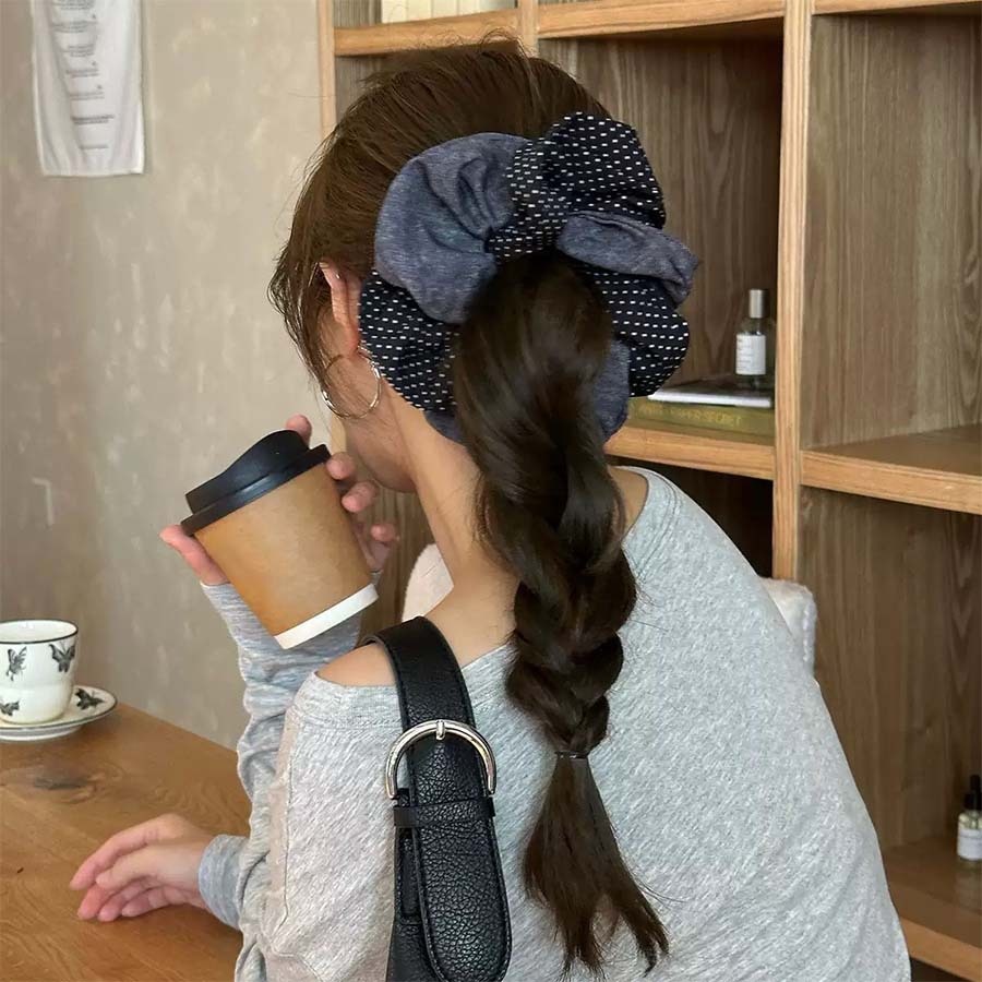 Women's Retro Forest Denim Twist Cross Hairband Elastic Polka Dot Hair Tie